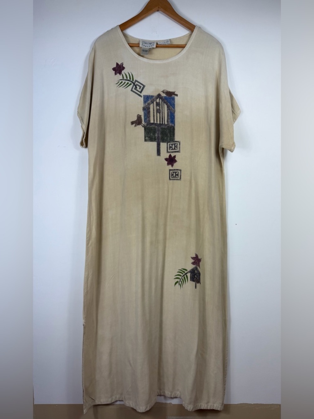 Vtg Country Wear Casuals Rayon Maxi Dress 2X Birdhouse Print Cottagecore Boho